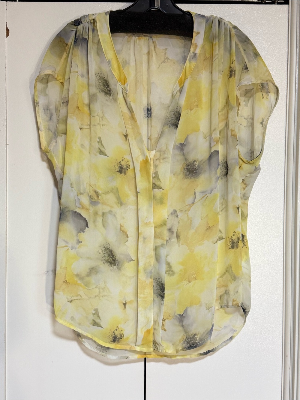 Floral Sheer Flowy Blouse | V-Neck | Yellow Watercolor Summer Top | Medium - Picture 3 of 14